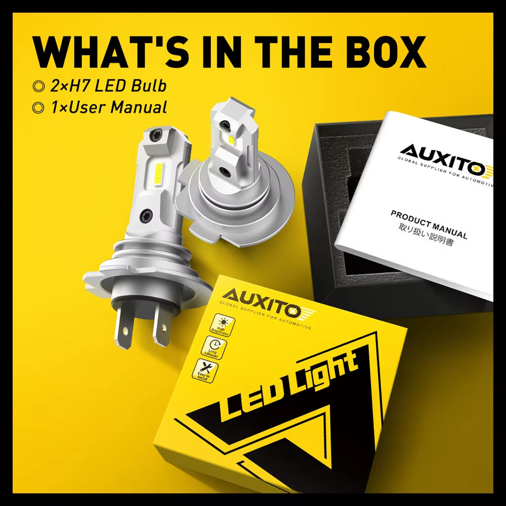 AUXITO 2X Fanless H7 LED Lights 1:1 Mini Size Head Lamp Wireless 12000LM CSP LED Chips H7 Car LED Headlight Bulb 6500K White 12V